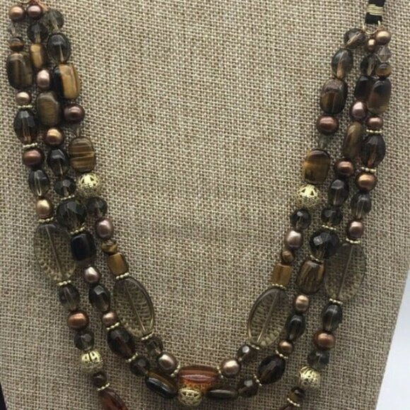 Brown Beaded Multi Strand Necklace 19" - Picture 1 of 10